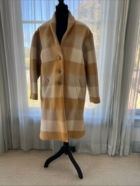 Checked Wool-Blend Pea Coat in Mustard & Cream